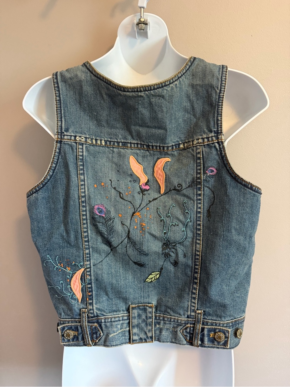 Vintage OLD NAVY Denim Vest Special Edition Embroidered Distressed Blue L